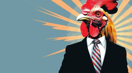 A businessman with a rooster head embodies leadership and creativity donning a suit and tie against a vibrant retro inspired backdrop.
