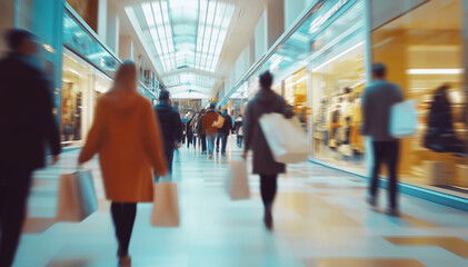 Long exposur shot of people walking in modern mall, hands holding paper bags. Interior lighting with glass shop windows creates dynamic, bustling atmosphere, focus on movement
