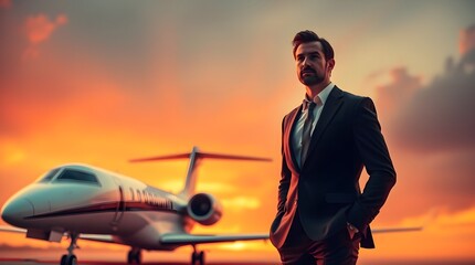 modern business executive in suit stands on red carpet, facing private jet. 