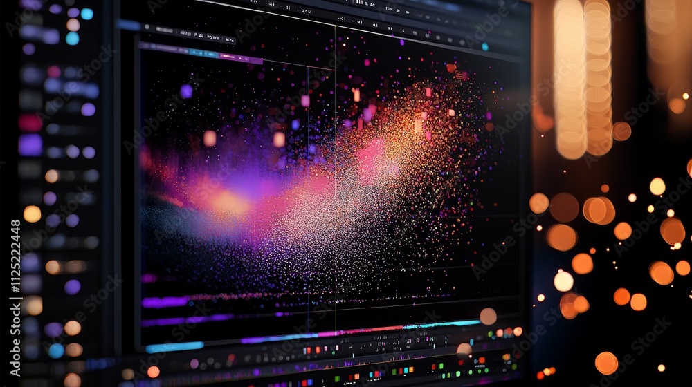 Poster colorful data visualization on screen, bokeh lights.