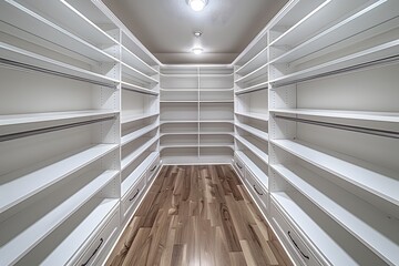 Obraz premium Spacious Modern Pantry with White Shelving and Hardwood Floors for Organized Storage Solutions