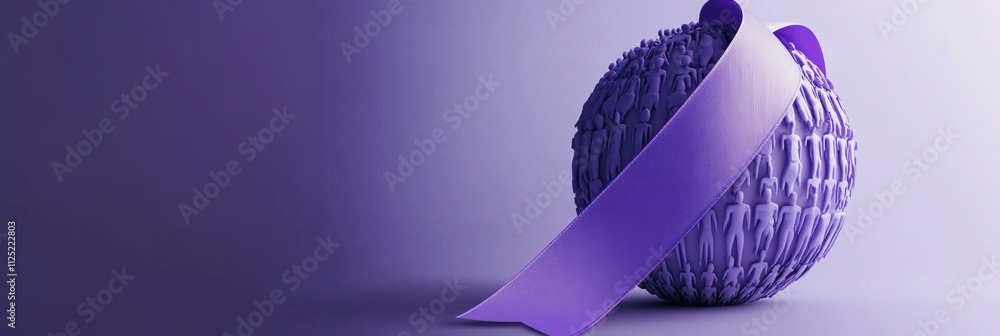 Poster global awareness and support: a 3d render of a world enveloped in a purple ribbon representing solid