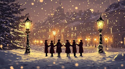Obraz premium Banner of Christmas holiday, winter season. Teenagers Carolers singing traditional songs under vintage street lamps in charming old town square.