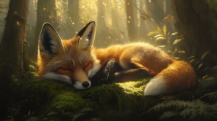 Sleeping fox in sunlit forest.