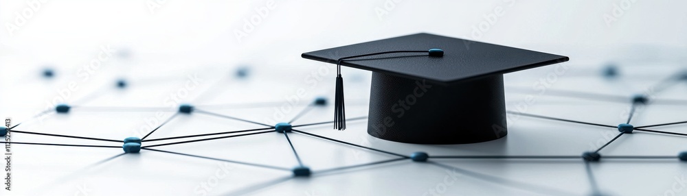 Poster a graduation cap on a network background symbolizes achievement and knowledge in a digital age.