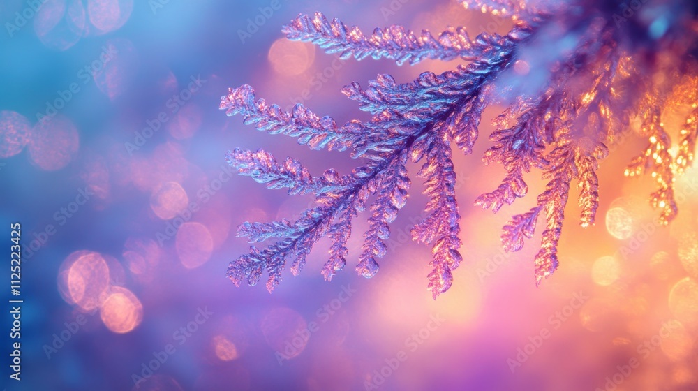 Poster elegant close-up of frosted fir tree branches with glowing background