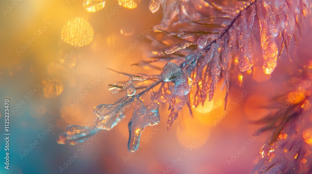 Poster Elegant Close-Up of Frosted Fir Tree Branches with Glowing Bokeh