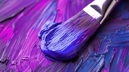 Fototapeta premium A close-up of bristles on a paint brush, saturated with vibrant purple paint