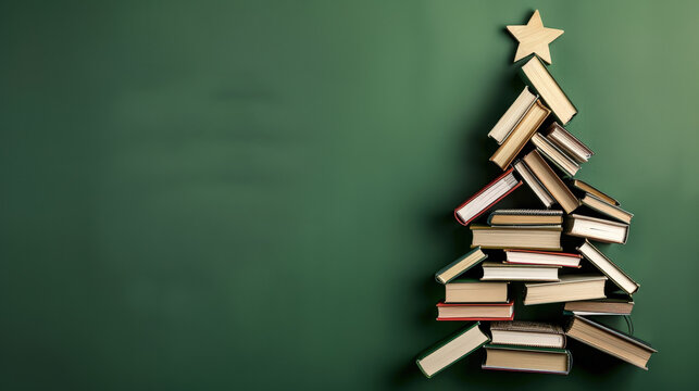 christmas tree made out of books on green background