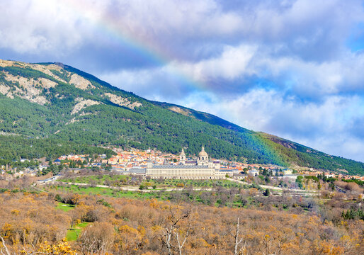 Panoramic view of the Monastery of El Escorial from Las Machotas mountain. San Lorenzo de El Escorial, Madrid, Spain.
