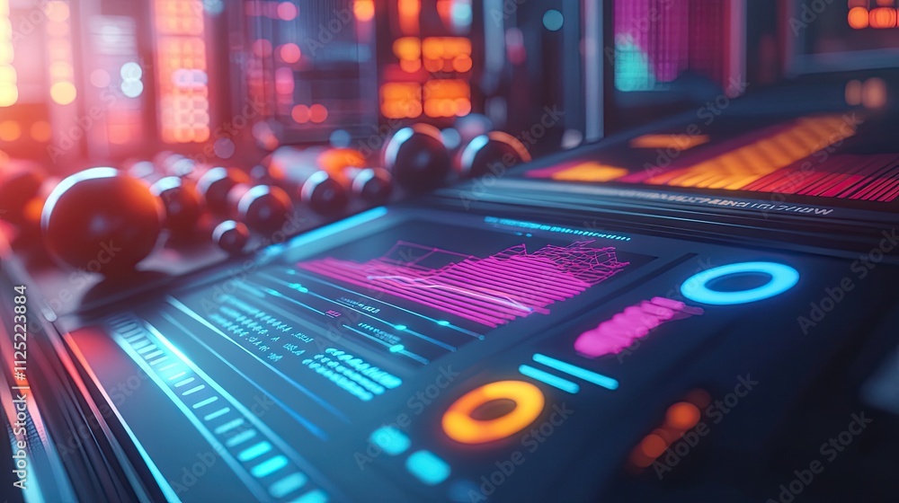 Poster futuristic tech dashboard: neon glow data visualization