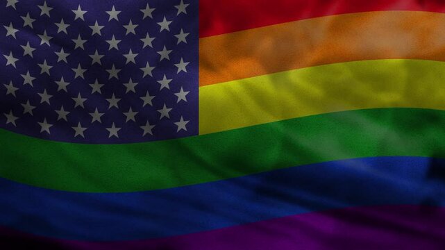 American Flag with rainbow flag united as background. Symbol of pride and freedoom in America. Rainbow flag waving alongside american flag stars, celebrating lgbtq plus rights, pride, and diversity