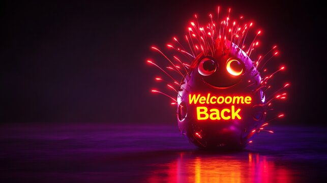 3D firecracker emoji with bright red lighting, "Welcome Back" in neon orange, dark purple background - Powered by Adobe