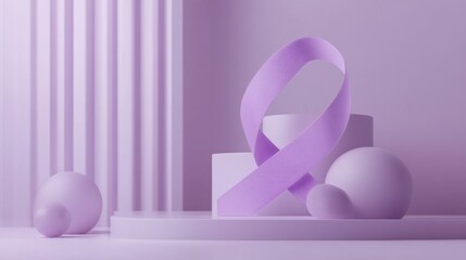 Lavender Awareness Ribbon on Abstract Purple Geometric Forms: Minimalist 3D Render for Cancer Awareness