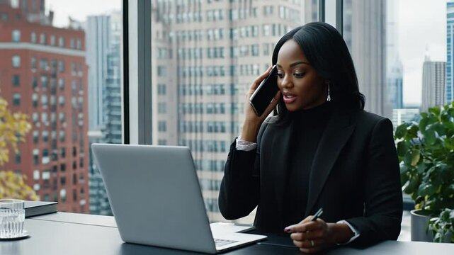 Professional black woman on phone call at modern office with city view during workday