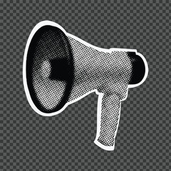 Halftone megaphone illustration Announcement  with halftone stipple effect, for grunge punk y2k collage design. Pop art style dotted crazy elements. Vector illustration