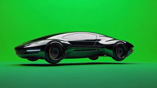 A stylish hover car with a futuristic aesthetic captured in flight on a verdant background. Green screen chromakey