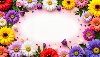 Obraz premium Colorful floral border with various flowers framing a blank space on a soft background