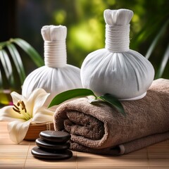 Generated image Spa setting, towels with herbal bags, beauty treatment items set in the spa, and health care