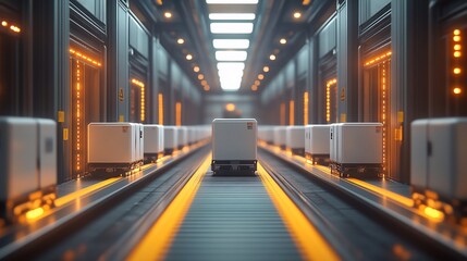 Futuristic automated warehouse with packages on conveyor belts.