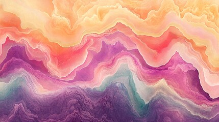 Banner, wallpaper. illustration vibrant, wavy design that exudes a hallucinatory effect, reminiscent of a psychedelic dreamscape. The patterns oscillate between soft pastel lavender, peach, and mint
