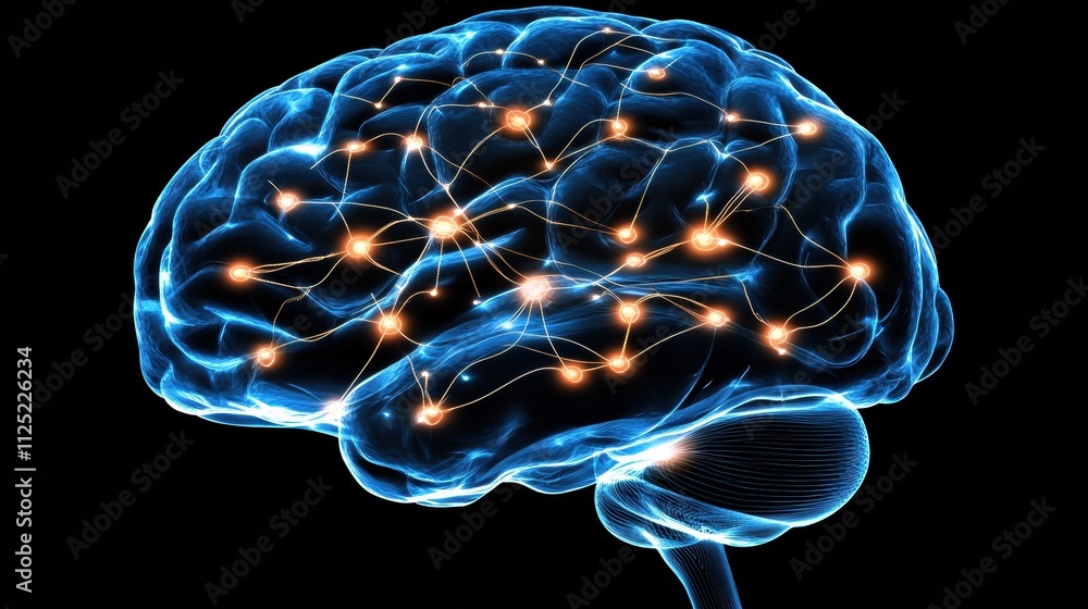 Poster abstract representation of a human brain created with glowing neural networks, highlighting synapses