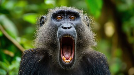 Obraz premium A Black Monkey Yawns Widely Showing Teeth