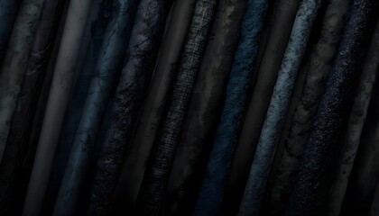 Textured black fabrics arranged vertically showcasing different shades and weaves for fashion or design projects