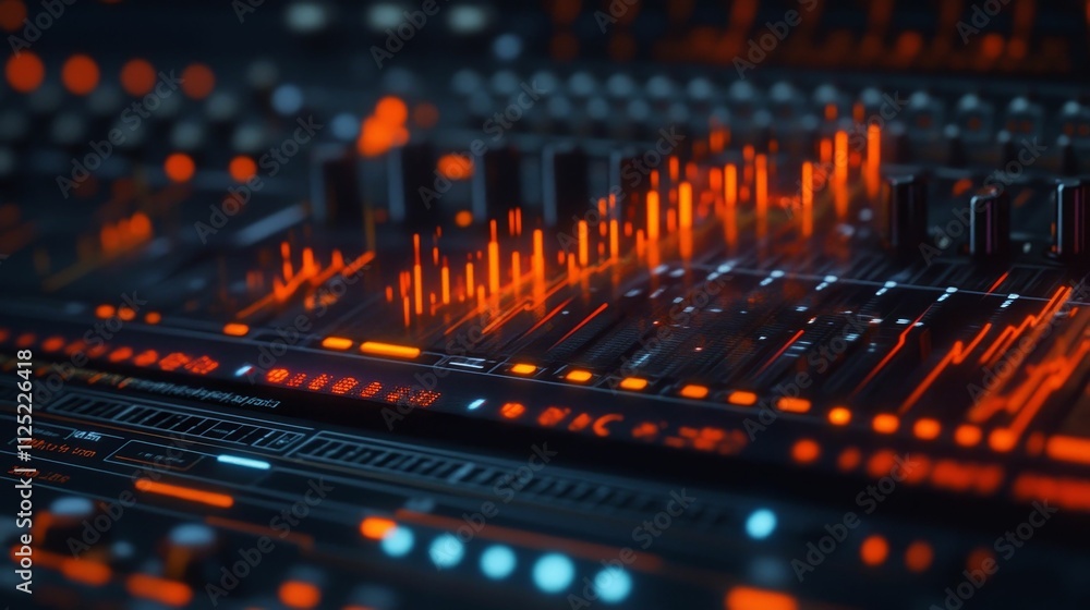 Poster illuminated control panel; glowing audio waveforms.