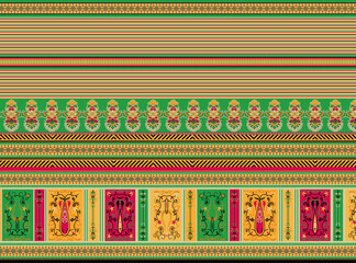 A multicolored border design featuring intricate horizontal stripes and panels with decorative illustrations. Dominated by green, yellow, and red tones, the composition is ornate and detailed, perfect