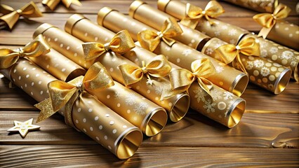 Elegant gold and cream Christmas crackers adorn a festive tabletop, perfect holiday photography.