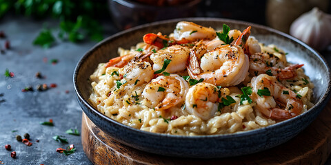 Creamy risotto with shrimps fried prawns, parmesan cheese, lemon and fresh herbs closeup on the plate on the wooden table. Horizontal