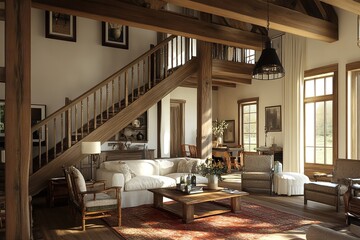 A contemporary living area with a wooden staircase in a farmhouse property. Generative AiA contemporary living area with a wooden staircase in a farmhouse property. Generative Ai