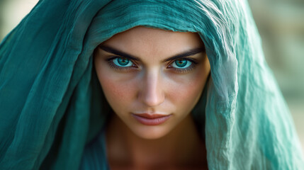 Naklejka premium Portrait of an ancient times woman wearing a green flax veil.