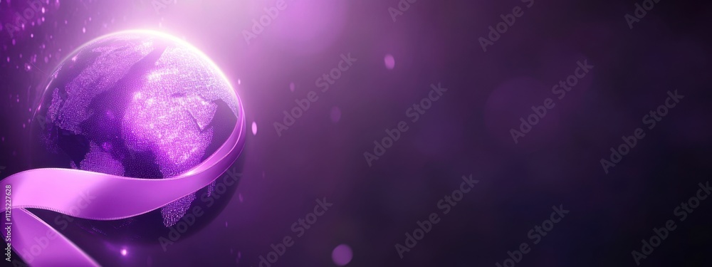 Poster global awareness purple ribbon: a symbolic representation of world unity and support for causes