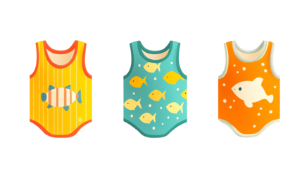 Colorful baby swimwear with fish patterns on white background.