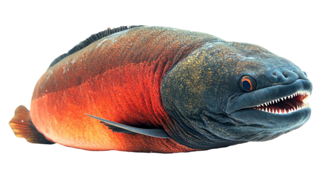 Colorful fish with unique features, white isolated background.