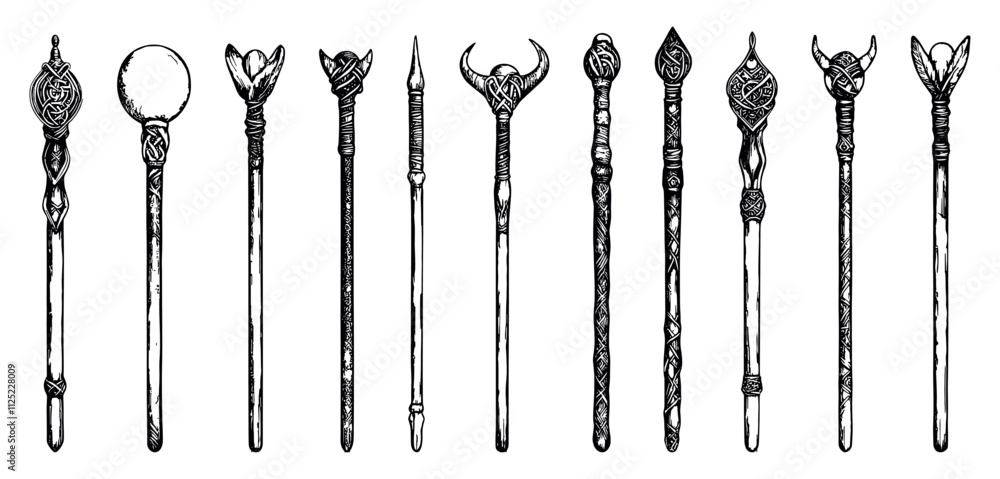 Poster different wizard wand set ink style vector illustrations unique artwork creative design magic decora