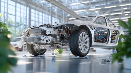 Obraz premium Diagnostics and testing for effective mechanics repair. A futuristic, transparent car model showcases its intricate internal components, set in a bright, plant-filled environment.