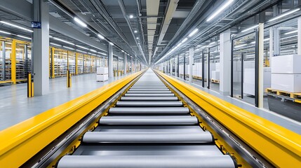 Fototapeta premium Modern warehouse interior with long conveyor belt system.