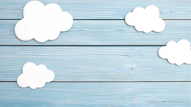  Cute children or baby background, white clouds on the blue wooden background. AI generated image, ai