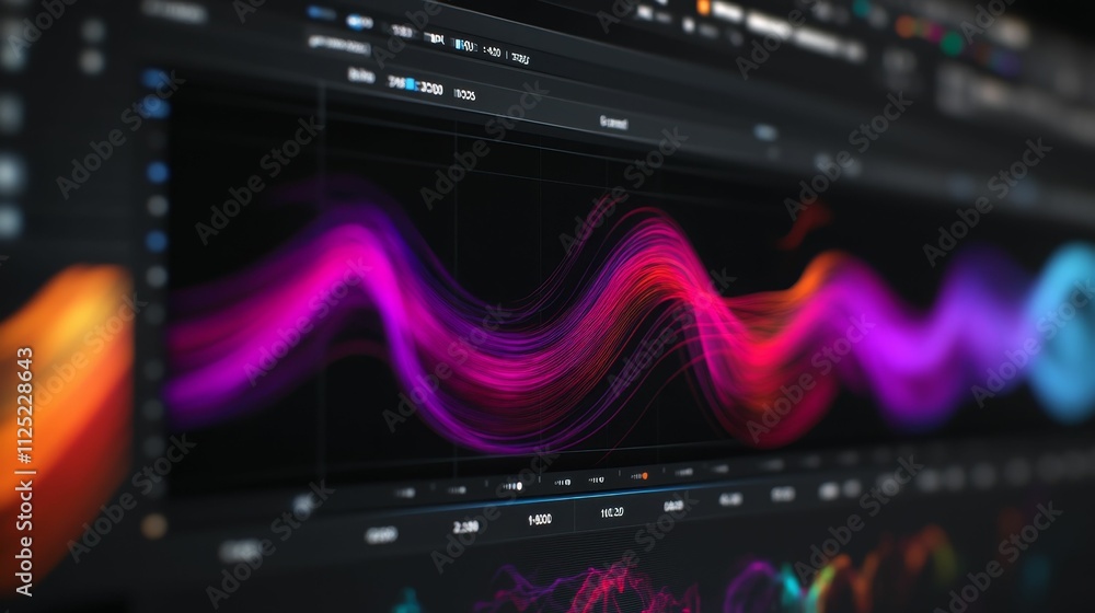 Poster colorful data waves displayed on a dark screen.