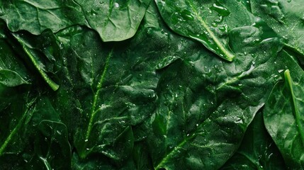 Lush Green Spinach Leaves Dew Covered Texture