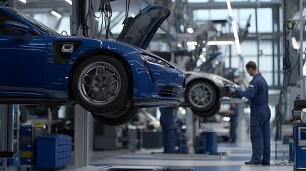 Fototapeta premium Diagnostics and testing for effective mechanics repair. A mechanic works on two cars in a modern automotive workshop, showcasing a clean and organized environment with advanced repair equipment.
