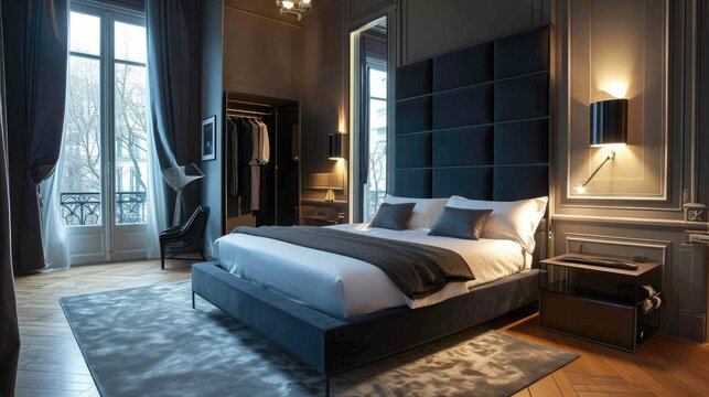 Luxurious Parisian Bedroom with Velvet Accents and Elegant Interior Design