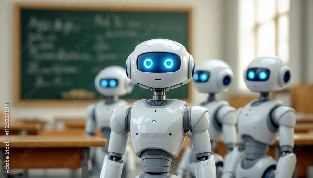 Poster robots assisting in education classroom setting digital learning modern technology close-up view