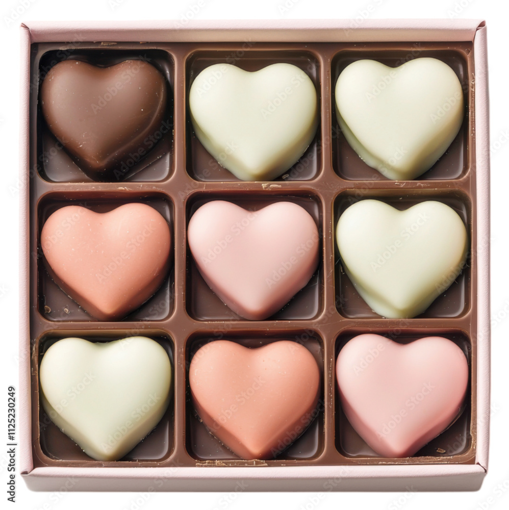 Poster png a box of heart-shaped chocolates in various colors, arranged neatly in a grid pattern.