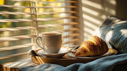 A cozy breakfast setting with a coffee cup and croissant on a tray, with dappled sunlight filtering through blinds