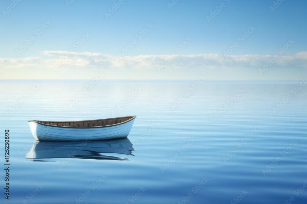 Poster a tranquil boat drifts on still water under a clear sky, creating a serene atmosphere ideal for addi
