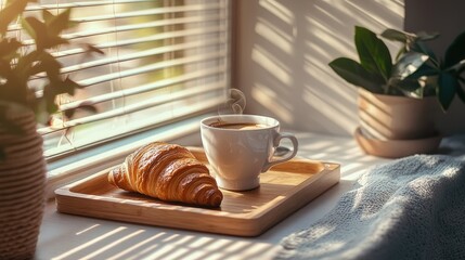A cozy breakfast setting with a coffee cup and croissant on a tray, with dappled sunlight filtering through blinds